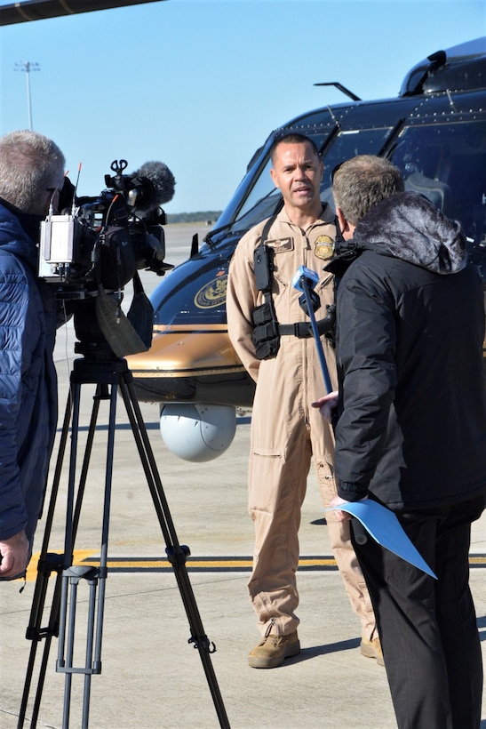 Customs and Border Protection Supervisory Air Interdiction Agent Todd Gayle spoke to local reporters regarding air defense for the Super Bowl during NORAD's Super Bowl LV air defense media day held Friday, January 29th at MacDill Air Force Base in Tampa. The Continental U.S. NORAD Region held the press event to help educate media members on its role in securing the skies over Raymond James Stadium on Super Bowl Sunday.