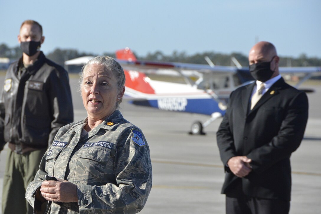 Civil Air Patrol Maj. Sybrian Castleman, Director of Public Affairs for the Civil Air Patrol's Florida Wing briefs reporters during NORAD's Super Bowl LV air defense media day held Friday, January 29th at MacDill Air Force Base in Tampa.  The Continental U.S. NORAD Region held the press event to help educate media members on its role in securing the skies over Raymond James Stadium on Super Bowl Sunday.