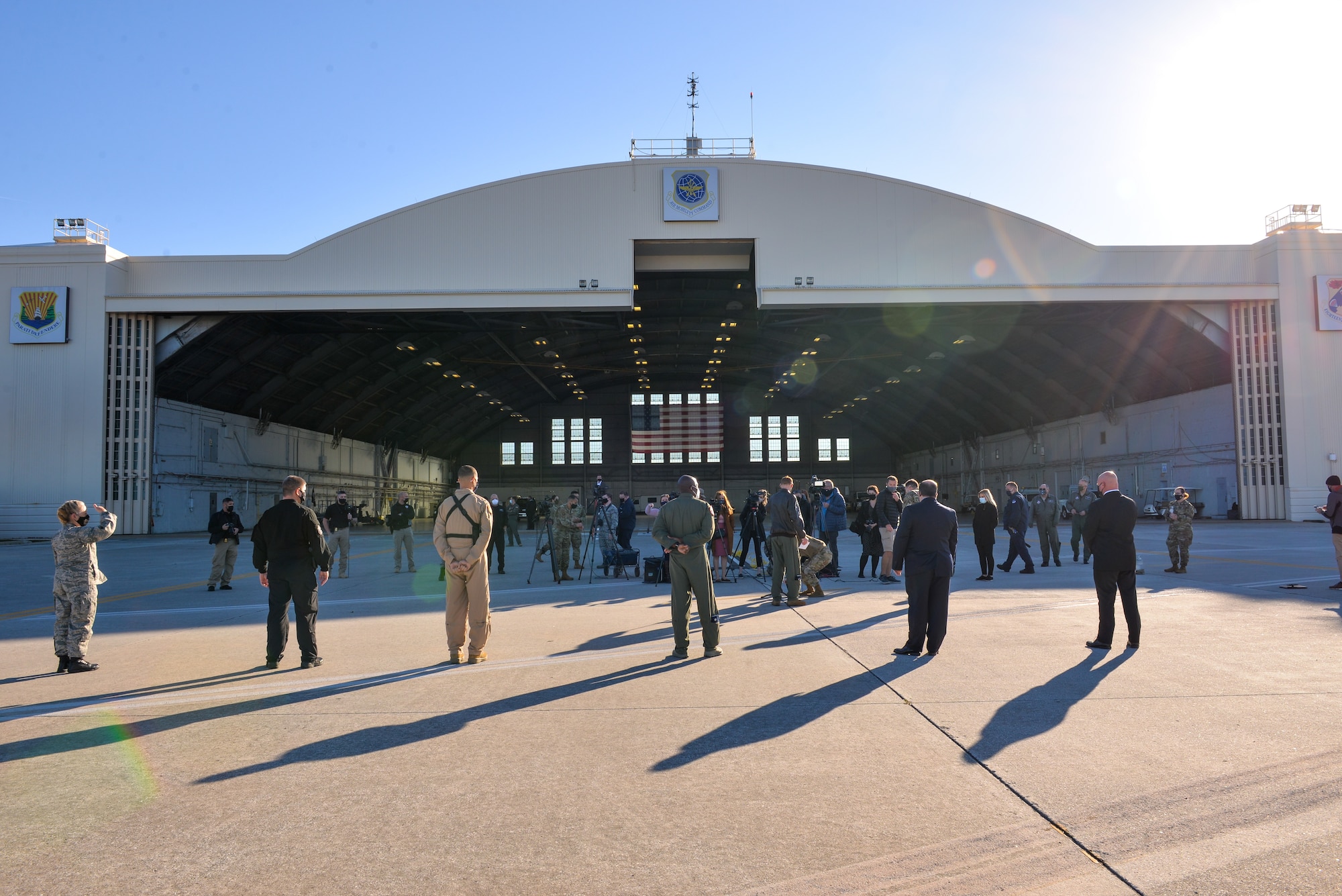 Tampa area news outlets prepare to discuss how NORAD interagency partners contribute to the overall air defense for Super Bowl LV during the air defense media day at MacDill Air Force Base, Tampa, Fla., January 29, 2021.  Interagency partners including the FBI, FAA, Customs and Border Protection, Tampa Police Department, and Civil Air Defense, were able to highlight their participation in providing air defense for Super Bowl LV.