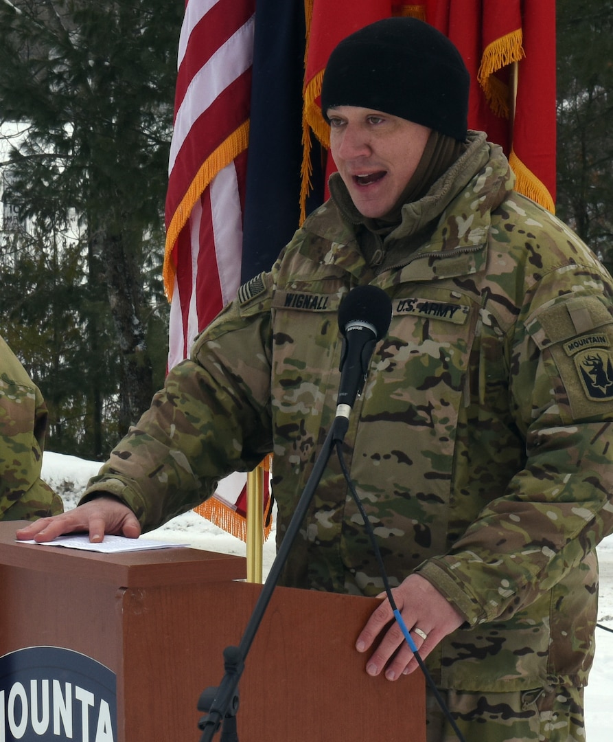 Lt. Col. Matthew Wignall speaks to Soldiers with the Vermont National Guard's 3rd Battalion, 172nd Infantry, 86th Infantry Brigade Combat Team (Mountain), during a sendoff ceremony Jan. 29, 2021, at the Camp Ethan Allen Training Site parade field in Jericho, Vermont. The 3-172nd will deploy for a year as Task Force Avalanche to support U.S. Central Command operations. Wignall is the 3-172nd Infantry commander. (U.S. Army National Guard photo by Don Branum)