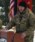 Lt. Col. Matthew Wignall speaks to Soldiers with the Vermont National Guard's 3rd Battalion, 172nd Infantry, 86th Infantry Brigade Combat Team (Mountain), during a sendoff ceremony Jan. 29, 2021, at the Camp Ethan Allen Training Site parade field in Jericho, Vermont. The 3-172nd will deploy for a year as Task Force Avalanche to support U.S. Central Command operations. Wignall is the 3-172nd Infantry commander. (U.S. Army National Guard photo by Don Branum)