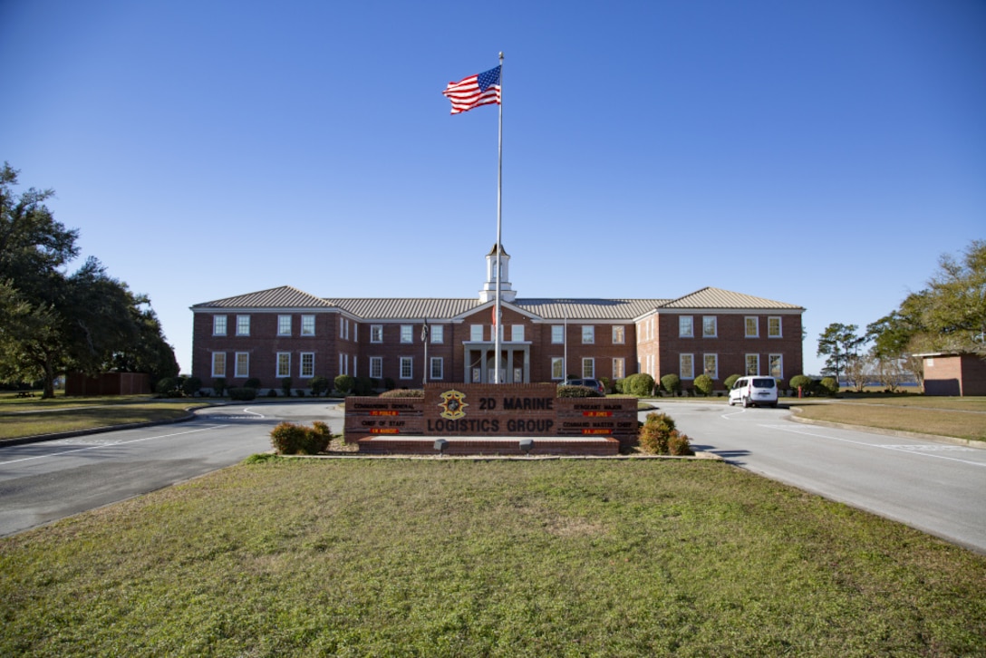 Exterior shot of Building 2, site of the current 2d Marine Logistics Group headquarters. In 2023, 2d MLG will move its headquarters to a new 35,000 square foot facility in French Creek. Building 2 will then be renovated and become the site of new 2d Marine Division headquarters with 45,000 square feet of added space in 2025.