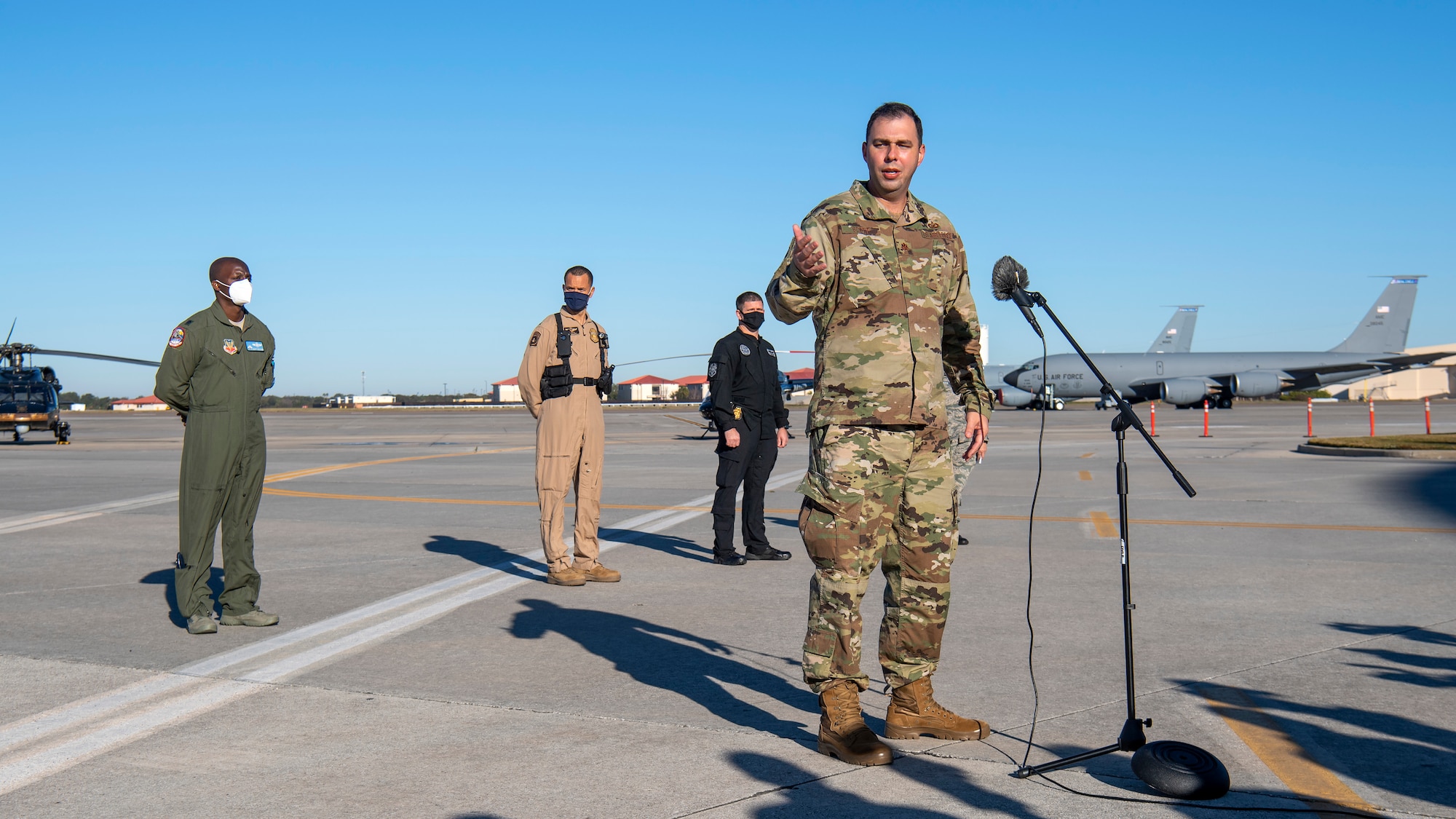 U.S. Air Force Maj. Andrew Scott, a public affairs officer with the 601st Air and Space Operations Center (AOC), Tyndall Air Force Base, Fla., speaks at a Continental U.S. North American Aerospace Defense Command (NORAD) Region air defense media event at MacDill Air Force Base, Fla., Jan. 29, 2021.