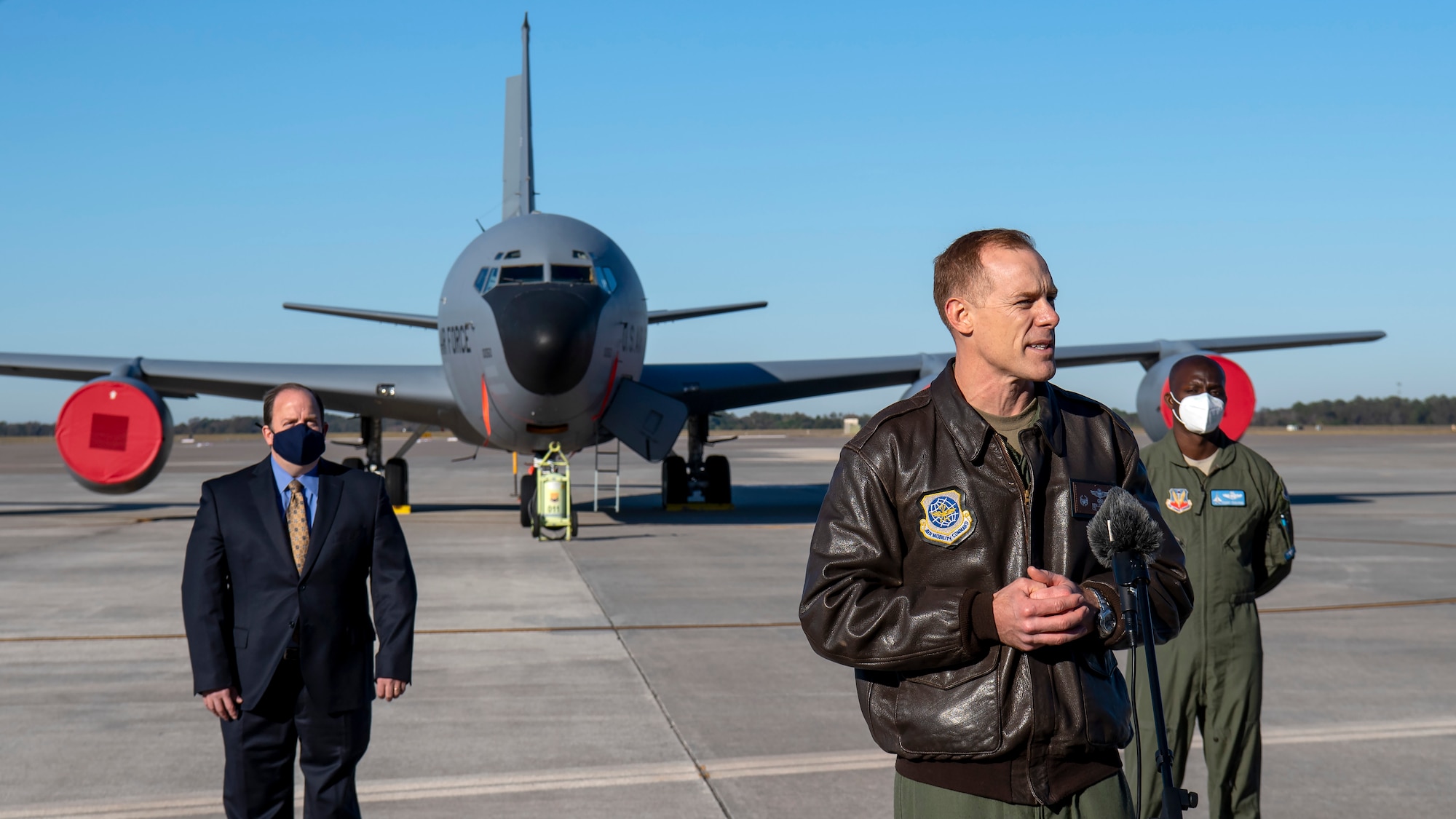 U.S. Air Force Col. Benjamin Jonsson, the 6th Air Refueling Wing (ARW) commander, speaks at a Continental U.S. North American Aerospace Defense Command (NORAD) Region air defense media event at MacDill Air Force Base, Fla., Jan. 29, 2021.