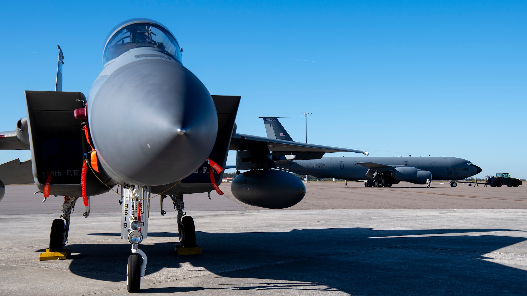 An F-15C Eagle assigned to the 125th Fighter Wing, Jacksonville Air National Guard Base, Fla., is displayed on the flight line at MacDill Air Force Base, Fla., Jan. 29, 2021.