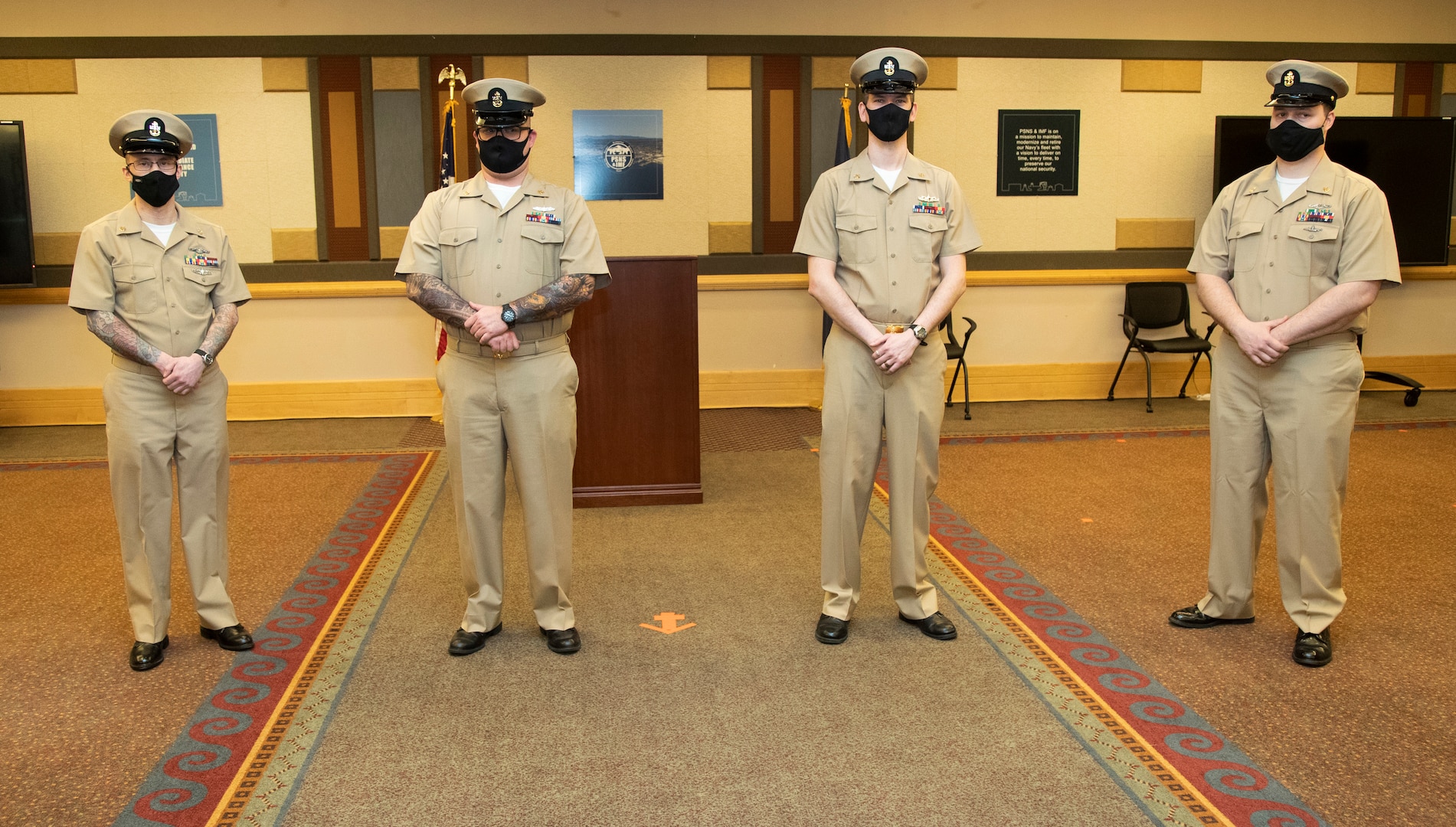 Chief Petty Officer selects Matthew Bernstein, Devin Donohue, Austin Rhodes and Mark Robbins, with Puget Sound Naval Shipyard & Intermediate Maintenance Facility, were pinned to the rank of chief petty officer during a ceremony Jan. 29, 2021, at Olympic Lodge on Naval Base Kitsap-Bremerton, Washington. The ceremony had limited attendees, with participants and attendees socially distanced to adhere to COVID-19 protective protocols.