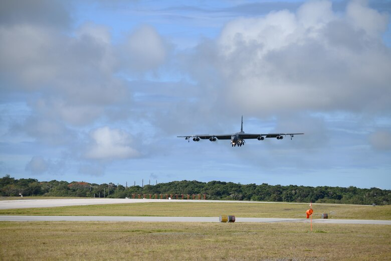A B-52 Stratofortress assigned to Barksdale Air Force Base, La., arrives at Andersen Air Force Base, Guam, in support of a Bomber Task Force deployment, Jan. 26, 2020. The aircraft, from the 96th Bomb Squadron at Barksdale AFB, La., deployed in support of Pacific Air Forces' training efforts with allies, partners and joint forces.
