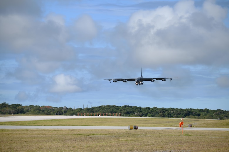 A B-52 Stratofortress assigned to Barksdale Air Force Base, La., arrives at Andersen Air Force Base, Guam, in support of a Bomber Task Force deployment, Jan. 26, 2020. The aircraft, from the 96th Bomb Squadron at Barksdale AFB, La., deployed in support of Pacific Air Forces' training efforts with allies, partners and joint forces.