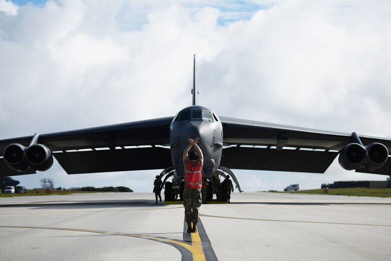 A B-52 Stratofortress assigned to Barksdale Air Force Base, La., arrives at Andersen Air Force Base, Guam, in support of a Bomber Task Force deployment, Jan. 26, 2020. The B-52 is a long-range, heavy bomber that is capable of flying at high subsonic speeds of altitudes of up to 50,000 feet and provides the U.S. with a global strike capability. The deployments also provide Airmen opportunities to train and work with allies and partners in realistic, joint coalition operations and exercises.