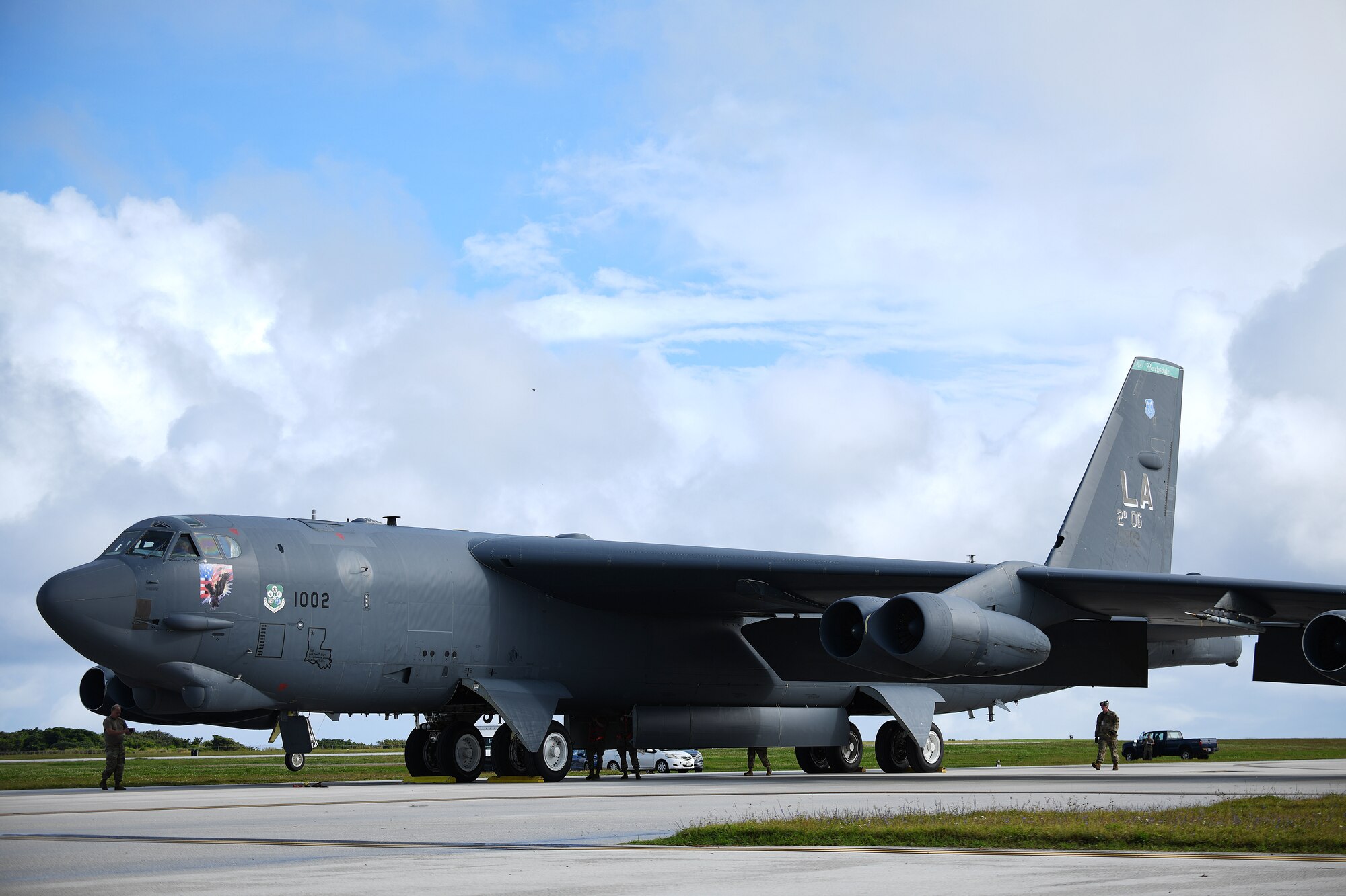 A B-52 Stratofortress assigned to Barksdale Air Force Base, La., arrives at Andersen Air Force Base, Guam, in support of a Bomber Task Force deployment, Jan. 26, 2020. The bomber deployment underscores the U.S. military’s commitment to regional security and demonstrates a unique ability to rapidly deploy on short notice.