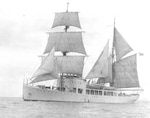 Rare photograph of Northland under sail. Her sails were rarely used so the sail rig was taken down and the masts used for antenna and electronic gear. (U.S. Coast Guard)