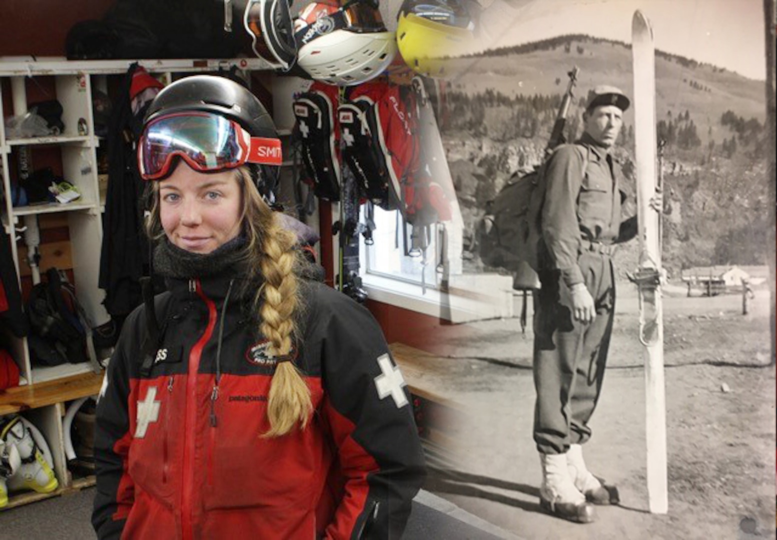 A woman in ski gears stands next to man in military gear with skis