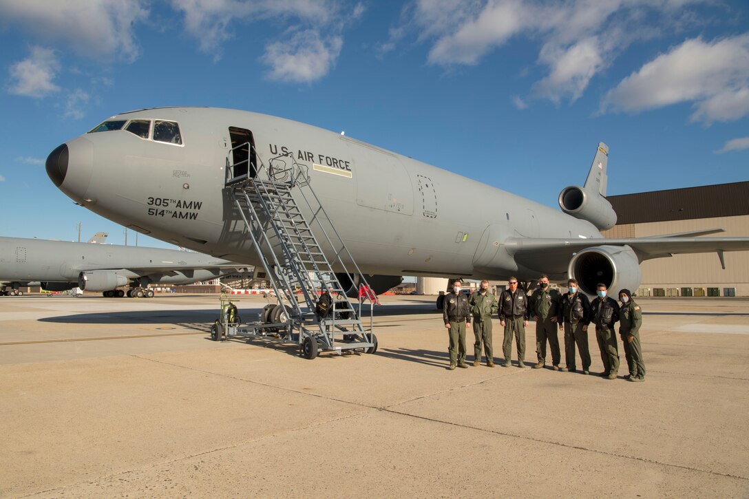 Reserve Citizen Airmen with the 78th Air Refueling Squadron, 514th Air Mobility Wing, return home from a flyover for the 15th Annual Volusia Expo at University High School at Orange City, Fla., Jan. 29, 2021. The 78 ARS participated in the flyover with the 732nd Airlift Squadron, also with the 514 AMW.