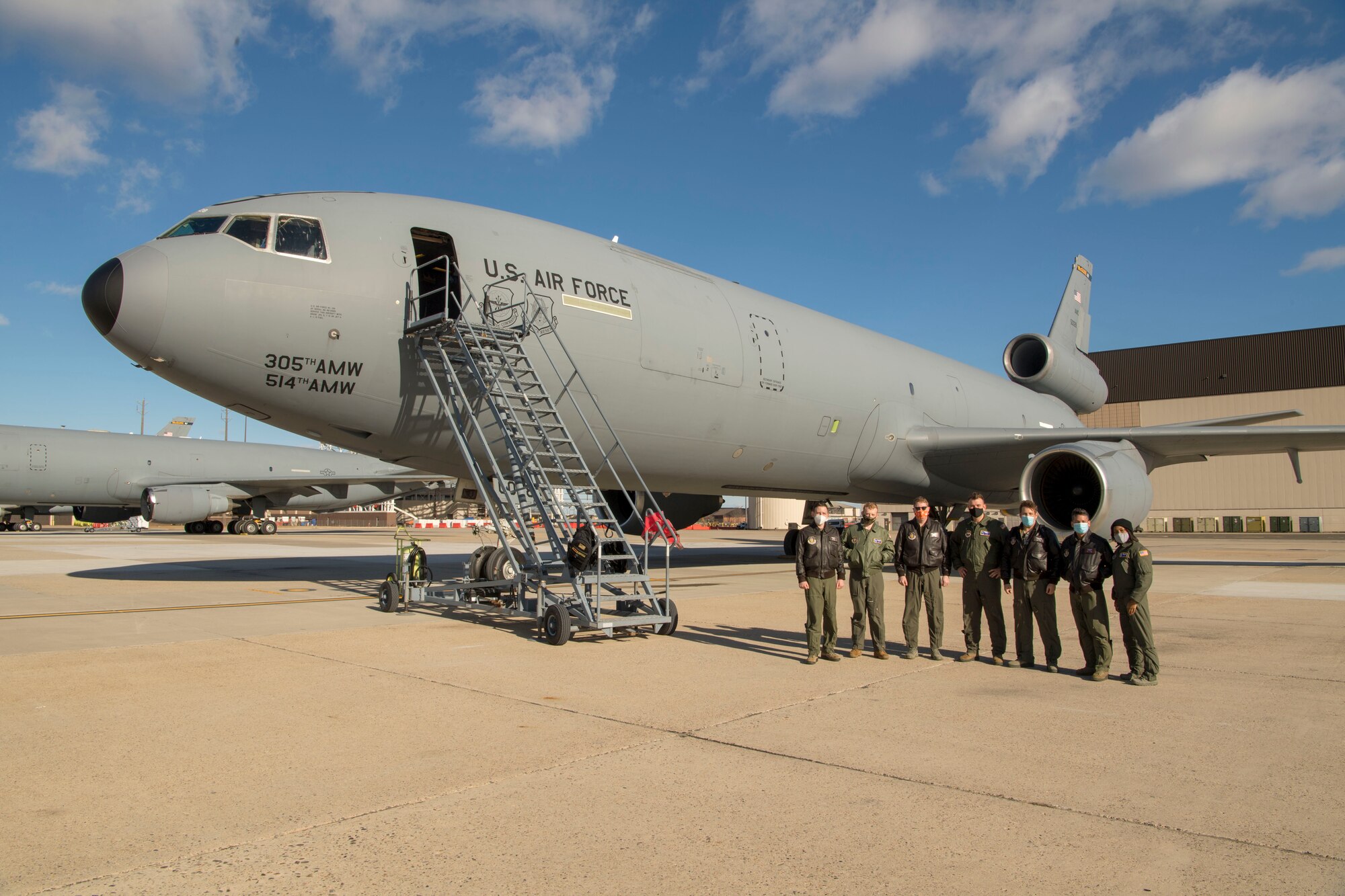 Reserve Citizen Airmen with the 78th Air Refueling Squadron, 514th Air Mobility Wing, return home from a flyover for the 15th Annual Volusia Expo at University High School at Orange City, Fla., Jan. 29, 2021. The 78 ARS participated in the flyover with the 732nd Airlift Squadron, also with the 514 AMW.