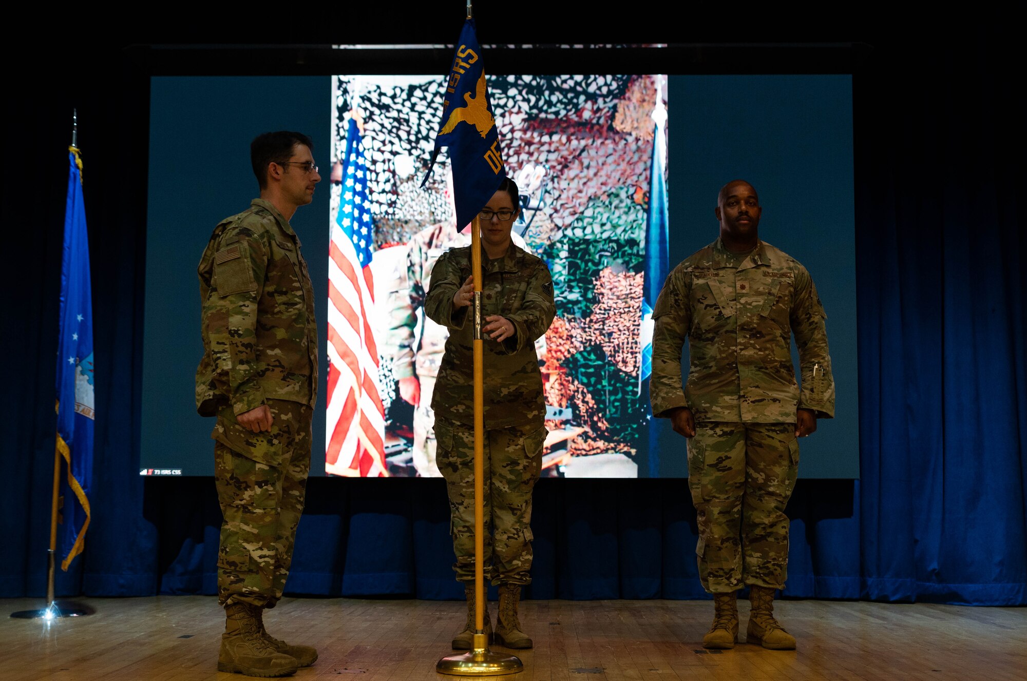The 73rd Intelligence, Surveillance, and Reconnaissance Squadron Detachment 2 held a change of command ceremony at Osan Air Base, Republic of Korea, June 30, 2021. Maj. Rachel Johnston transferred command of the 73rd ISRS Det 2 to Maj. Kenneth Jenkins II.