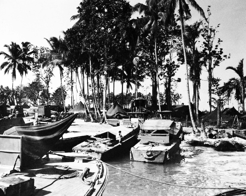 Small boats sit in an island harbor with palm trees in the background.