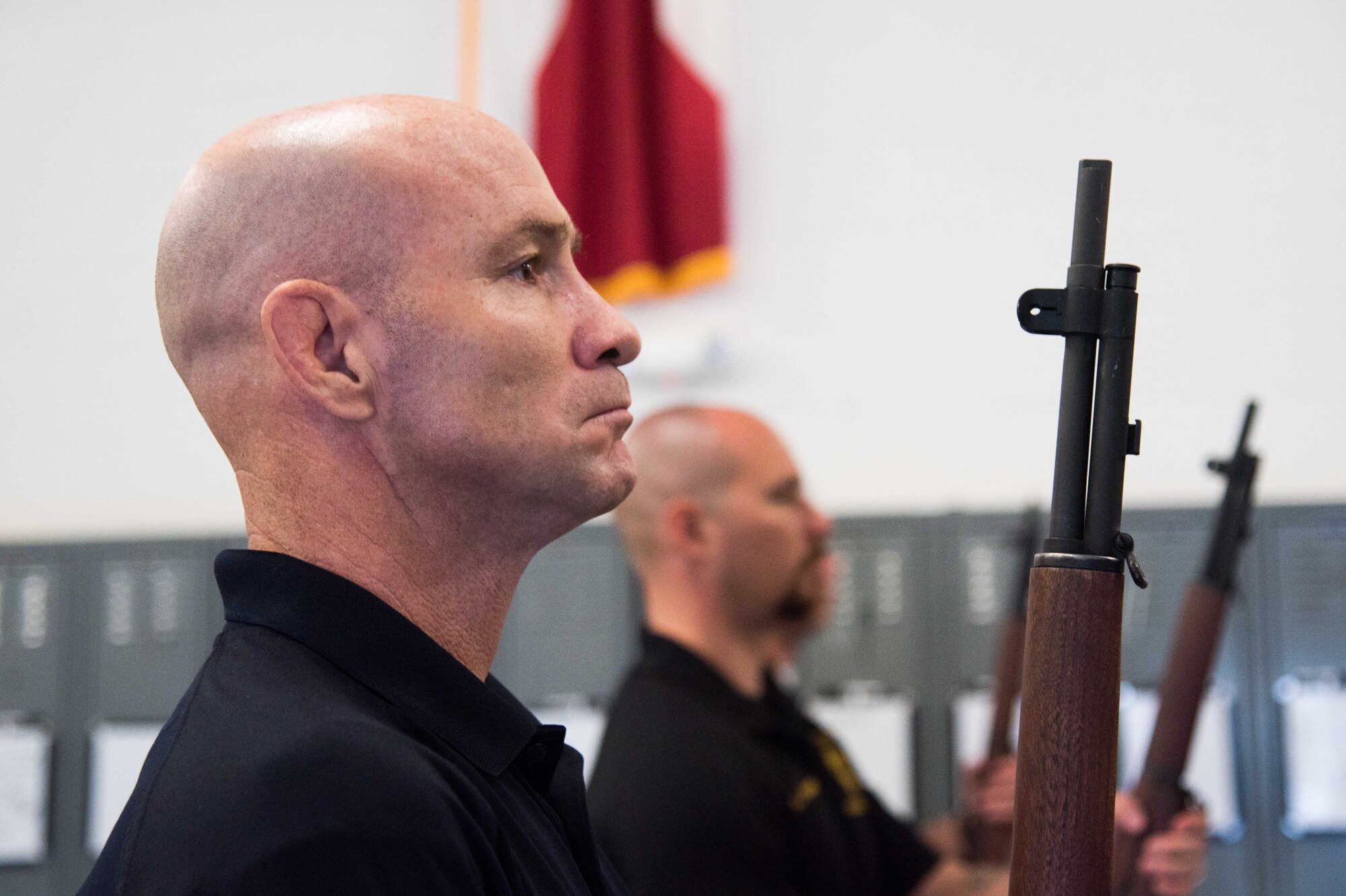 Deputy Eric Dietrich, Sedgwick County honor guardsman, practices rifle team training June 30, 2021, at McConnell Air Force Base, Kansas. Members from both the Wichita City Police and Sedgwick County Honor Guards spent a day learning Air Force honor guard ceremonial customs. (U.S. Air Force photo by Senior Airman Alexi Bosarge)