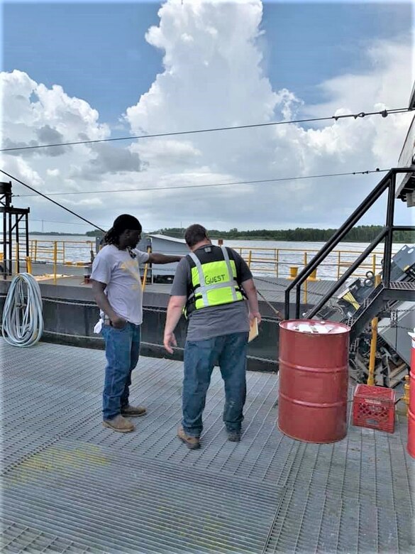 IN THE PHOTO, Memphis District Safety Advisor Harley Chase during a safety inspection on the Dredge Hurley. Chase is the safety advisor to the Memphis District Commander as well as the district. He is charged with ensuring the district complies with all safety regulations, but most importantly, he is responsible for making sure all employees get home safely each day. (USACE photo by Adrian Pirani)