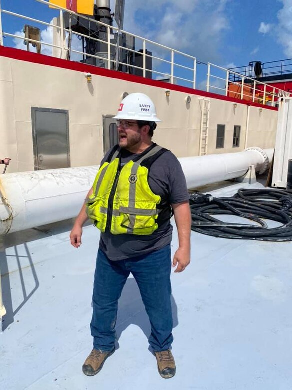 IN THE PHOTO, Memphis District Safety Advisor Harley Chase during a safety inspection on the Dredge Hurley. Chase is the safety advisor to the Memphis District Commander as well as the district. He is charged with ensuring the district complies with all safety regulations, but most importantly, he is responsible for making sure all employees get home safely each day. (USACE photo by Adrian Pirani)