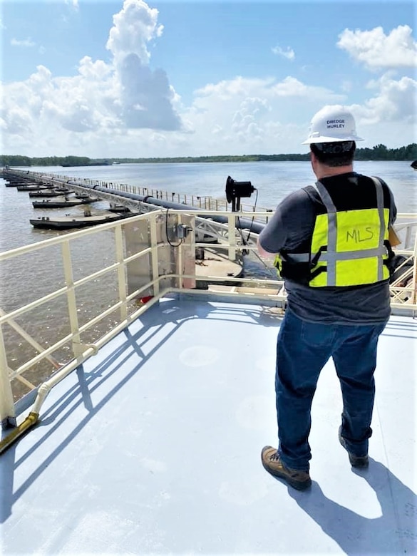 IN THE PHOTO, Memphis District Safety Advisor Harley Chase during a safety inspection on the Dredge Hurley. Chase is the safety advisor to the Memphis District Commander as well as the district. He is charged with ensuring the district complies with all safety regulations, but most importantly, he is responsible for making sure all employees get home safely each day. (USACE photo by Adrian Pirani)