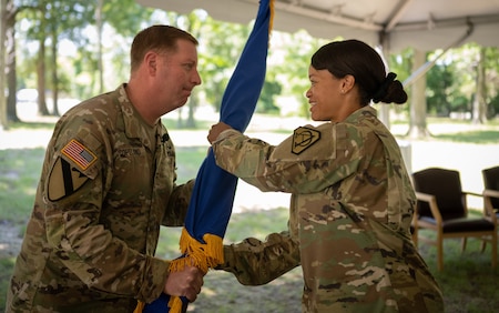 Lt. Col. Melissa Johnson assumes responsibility of Product Manager Soldier Maneuver Sensors during a Change of Charter ceremony in Fort Belvoir, VA.