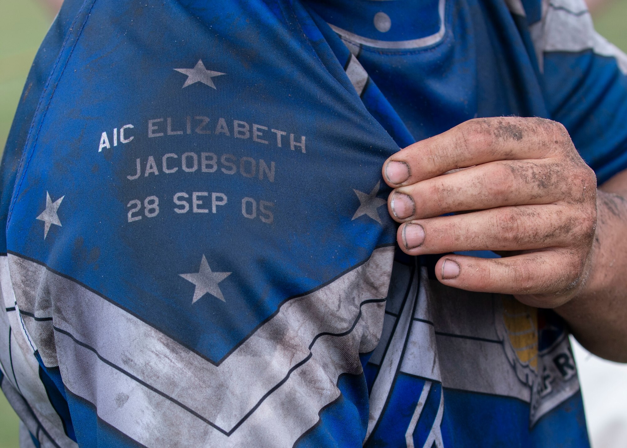 Tech. Sgt. Jessica Tharp, United States Air Force women’s rugby player, displays the name of a fallen Air Force service member on her sleeve at the Annual Armed Forces Women’s Rugby Championship in Wilmington, North Carolina, June 26, 2021.