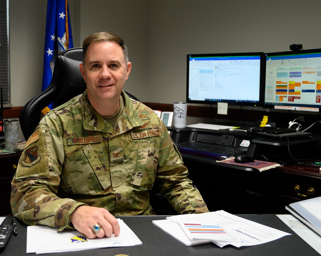 Col. Michael Phillips, 88th Air Base Wing vice commander, poses in his office June 24, 2021, at Wright-Patterson Air Force Base, Ohio. Phillips was wrapping up a two-year tour before transferring down the street to Air Force Materiel Command headquarters. (U.S. Air Force photo by R.J. Oriez)