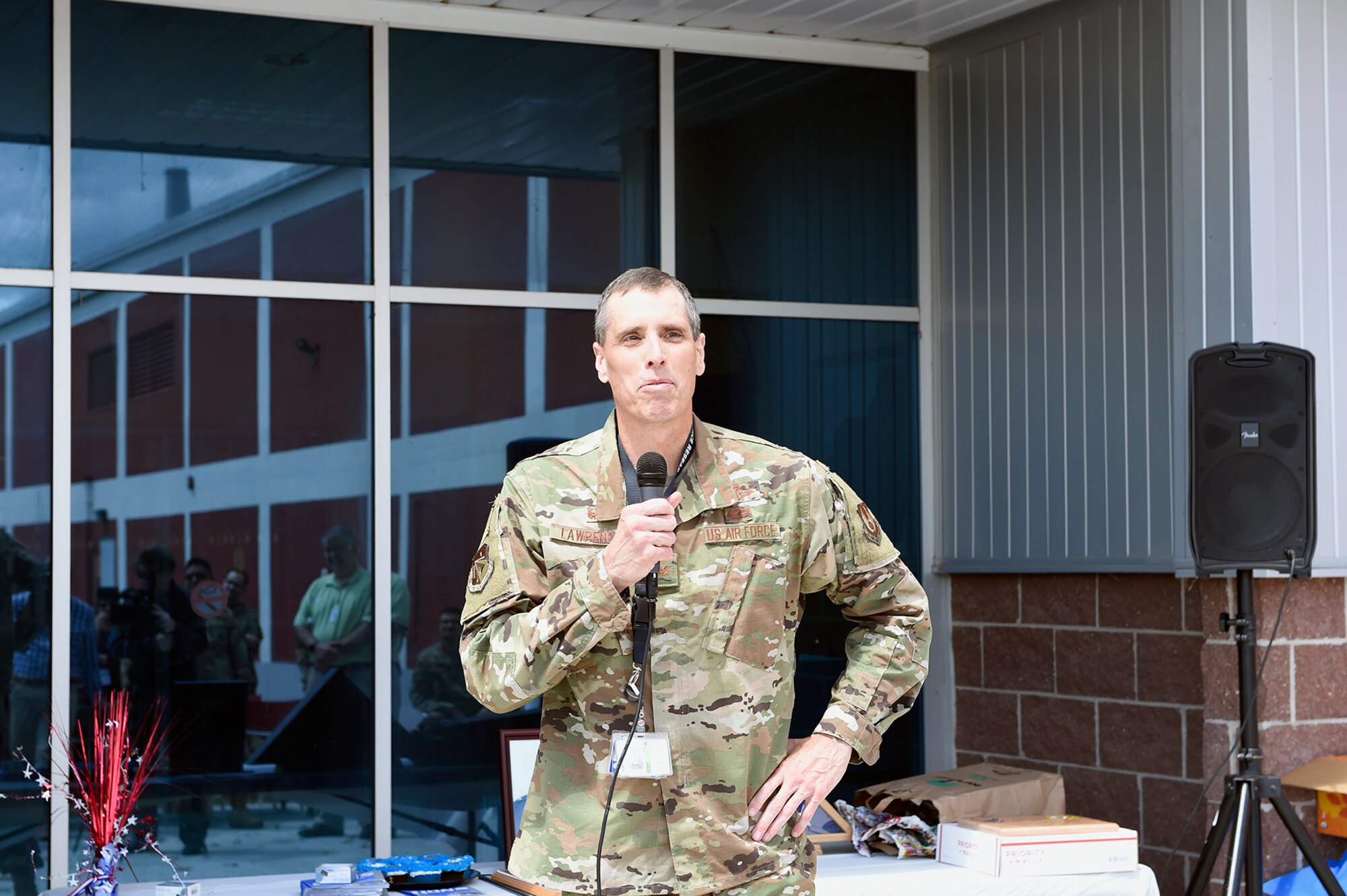 Col. Timothy J. Lawrence, director of AFRL's Information Directorate at Rome, New York, gives remarks during his farewell ceremony at the directorate May 27. (Courtesy photo)