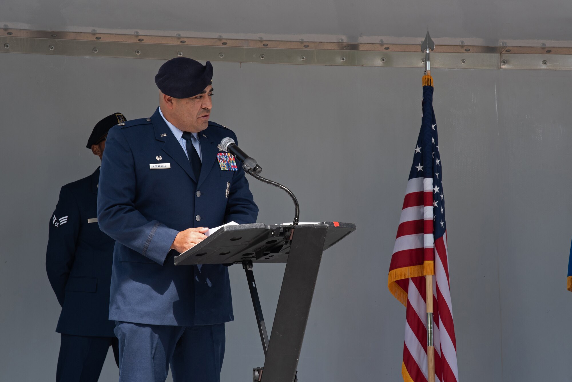 U.S. Air Force Lt. Col. Jaime Hernandez Jr., 21st Security Forces Squadron commander, speaks to his Defenders after assuming command at Peterson Air Force Base, Colorado, June 30, 2021. The 21st SFS is comprised of more than 360 active duty and Department of Defense civilians. (U.S. Space Force photo by Airman Aaron Edwards)