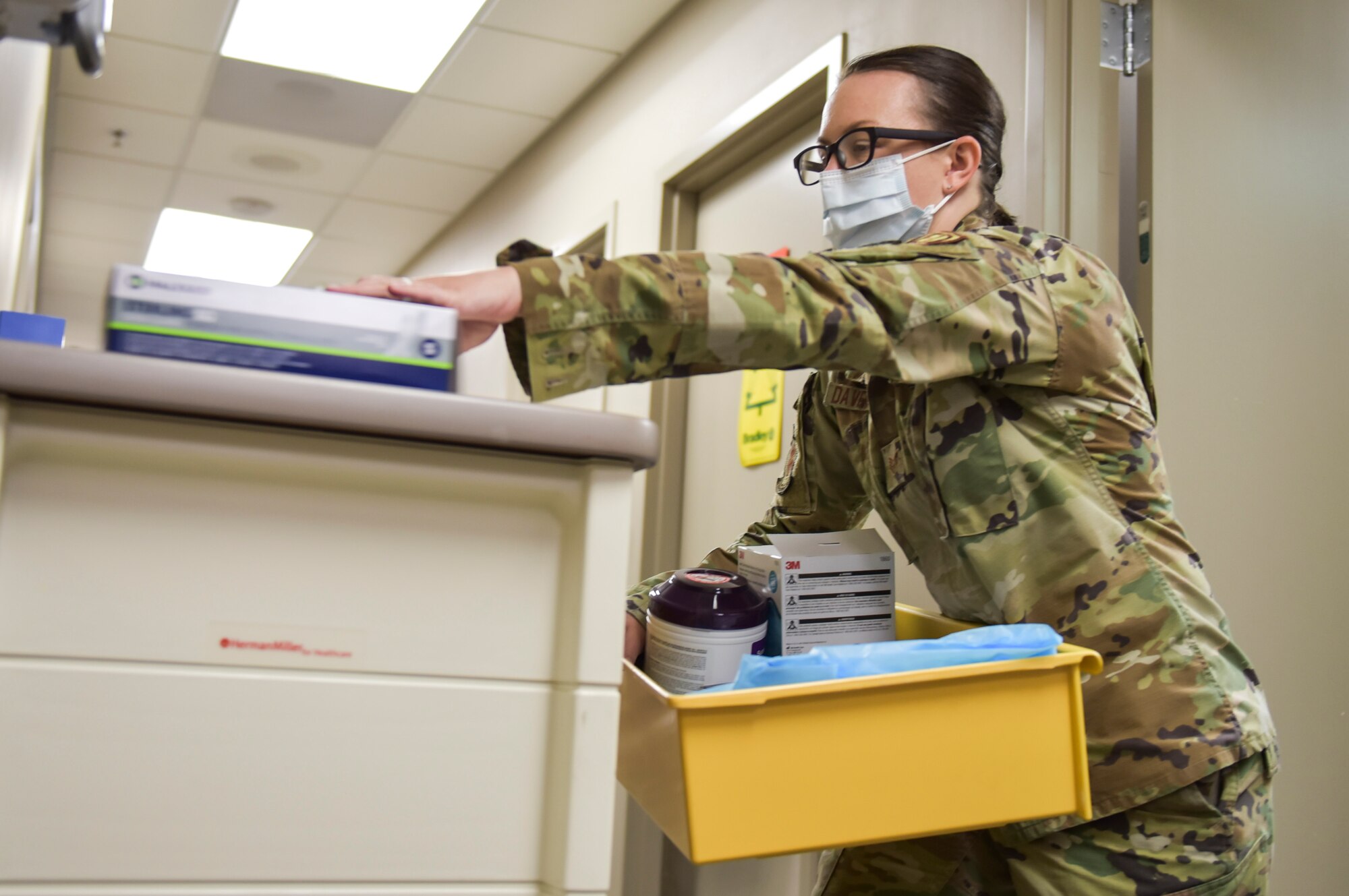 U.S. Air Force Staff Sgt. Jessica Davenport, 92nd Health Care Operations Squadron respiratory clinic technician, packs supplies used by the respiratory clinic the day before closing at Fairchild Air Force Base, Washington, June 30, 2021.