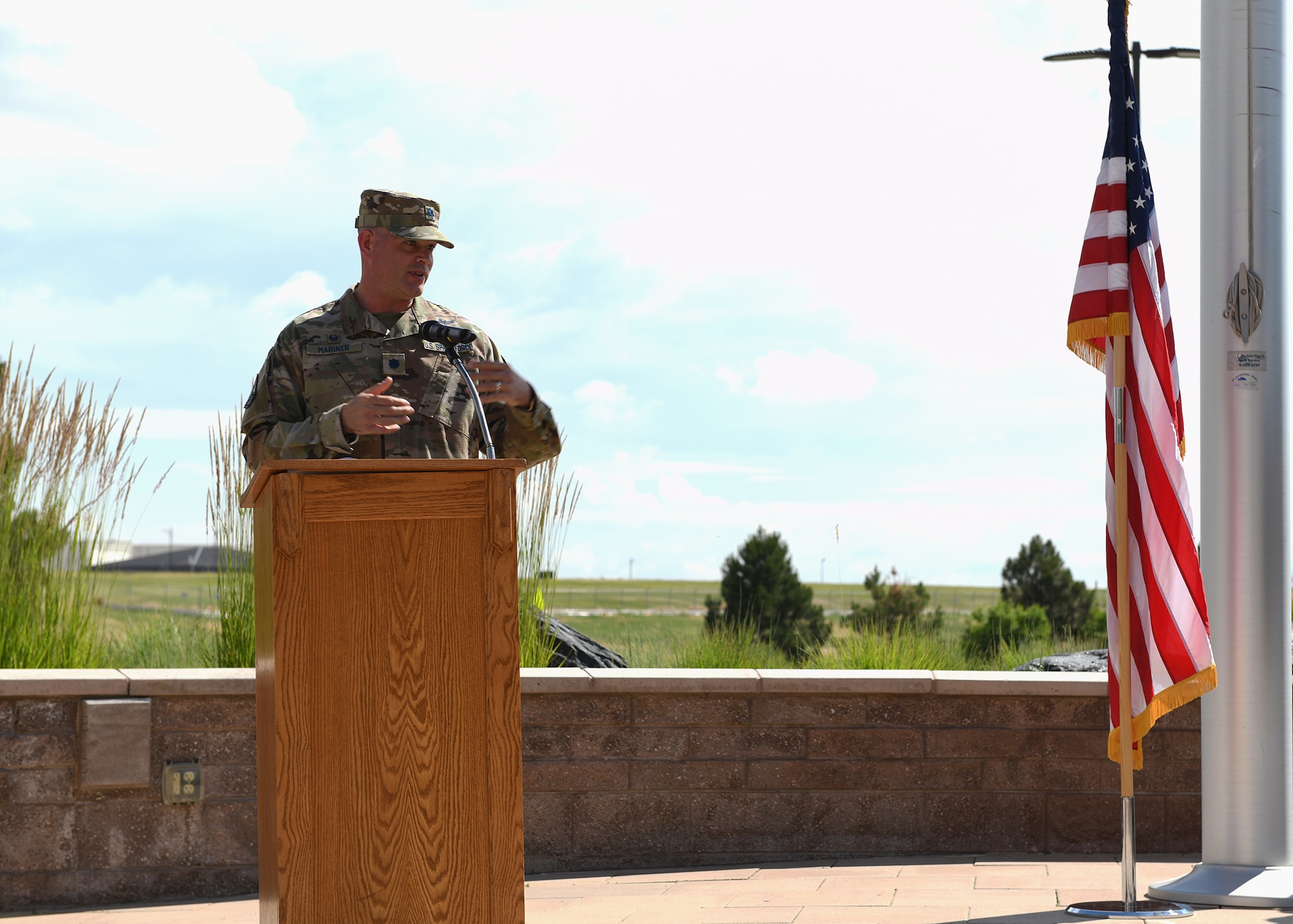 Lt. Col. Michael Mariner, 2nd Space Warning Squadron commander, addresses the crowd after the transferring of leadership during the 2 SWS change of command ceremony at Buckley Space Force Base, Colo., July 1, 2021. Mariner introduced himself and expressed his gratitude for his family and new team. (U.S Space Force photo by Airman 1st Class Haley N. Blevins)