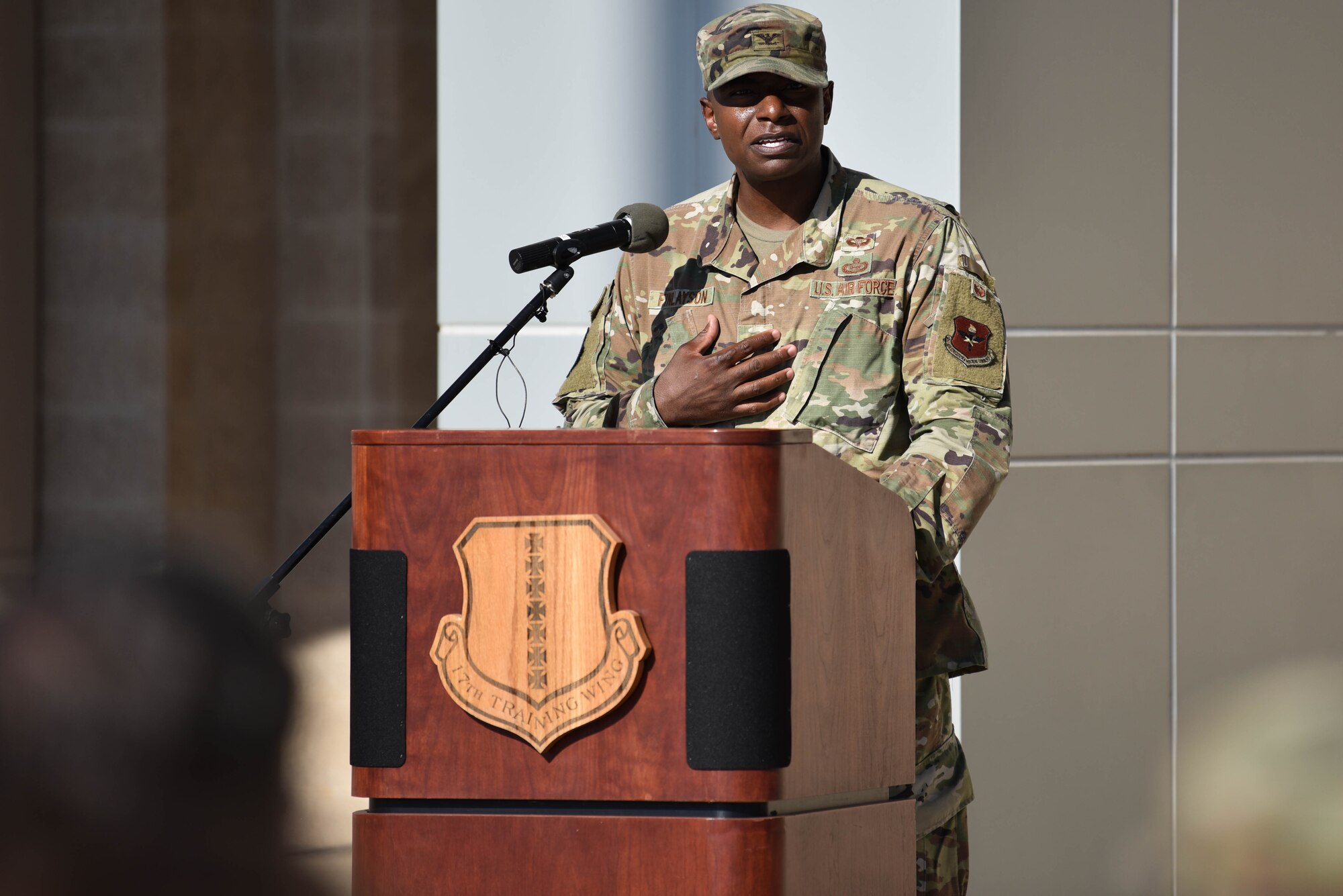 U.S. Air Force Col. James Finlayson, 17th Training Wing vice commander, speaks during the Goodfellow Heritage Day Ceremony on Goodfellow Air Force Base, Texas, July 1, 2021. The ceremony highlighted the history and importance of Goodfellow Air Force Base. (U.S. Air Force photo by Senior Airman Jermaine Ayers)