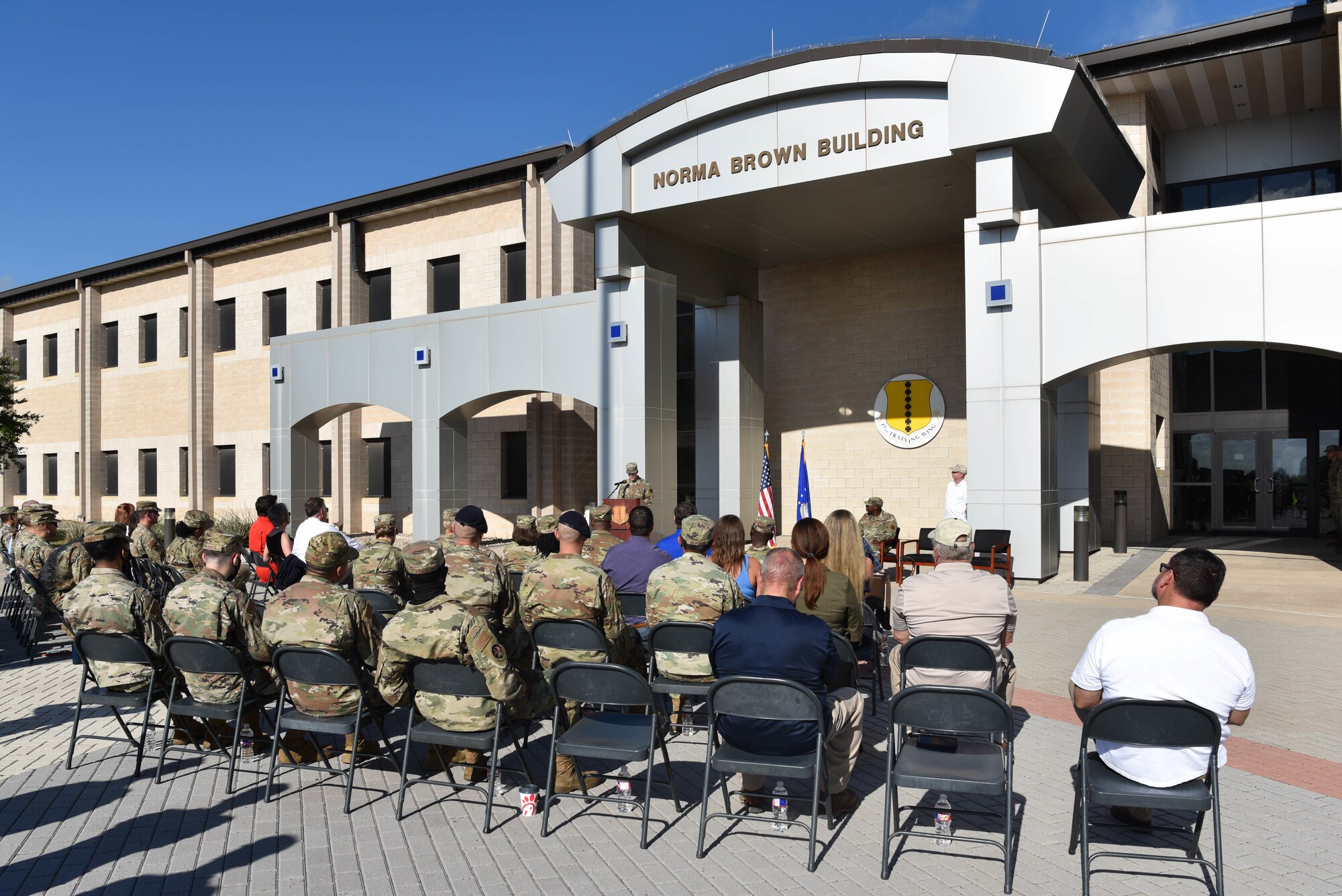 Members of the base community gather in celebration of the Goodfellow Heritage Ceremony on Goodfellow Air Force Base, Texas, July 1, 2021. Members attended the ceremony to celebrate the 80th Anniversary of Goodfellow Air Field. (U.S. Air Force photo by Senior Airman Jermaine Ayers)