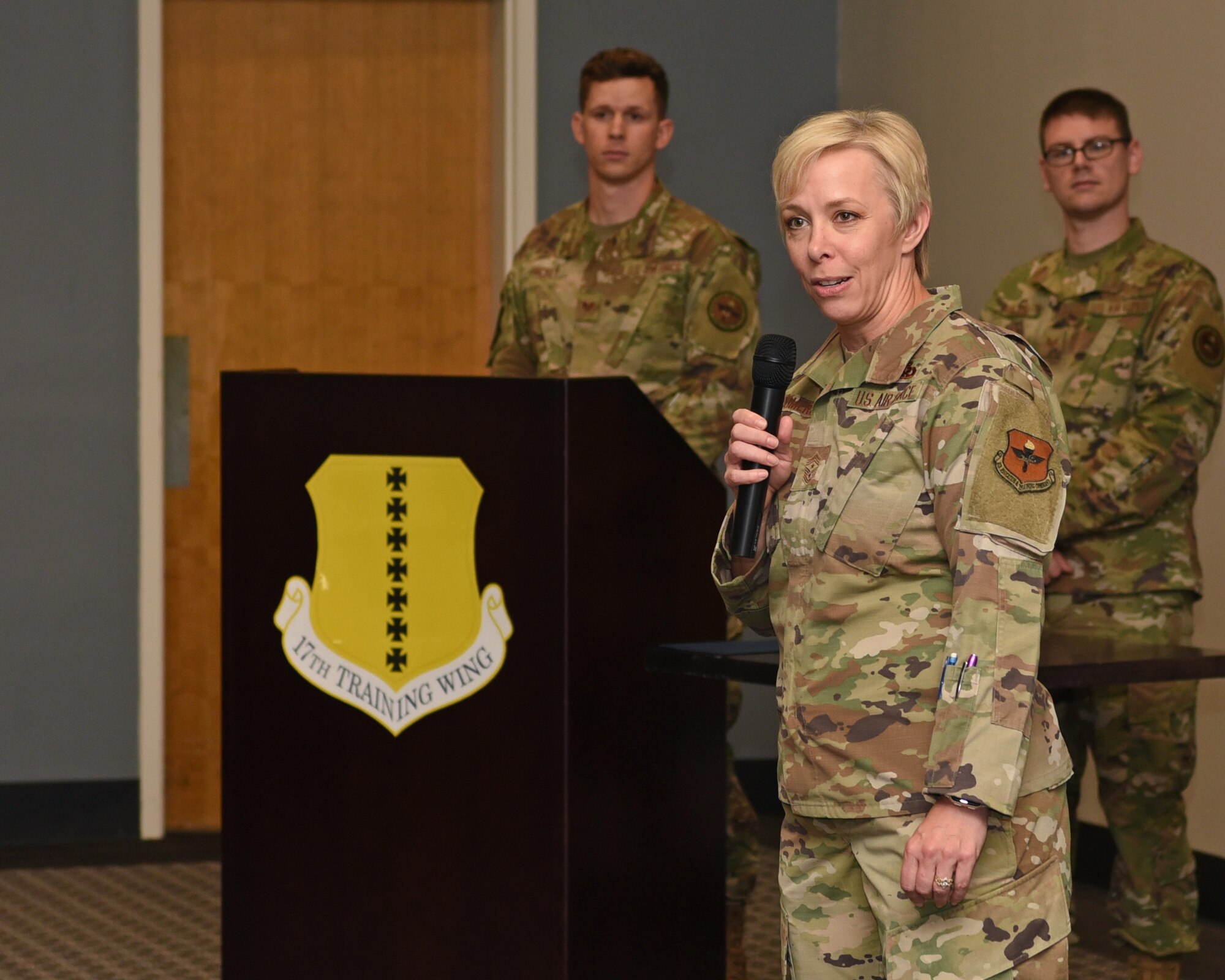 U.S. Air Force Chief Master Sgt. Casey Boomershine, 17th Training Wing command chief, speaks during the technical sergeant release party at the Event Center on Goodfellow Air Force Base, Texas, July 1, 2021. Boomershine congratulated the selectees and thanked them for their hard work and dedication needed to achieve their promotions. (U.S. Air Force photo by Senior Airman Abbey Rieves)