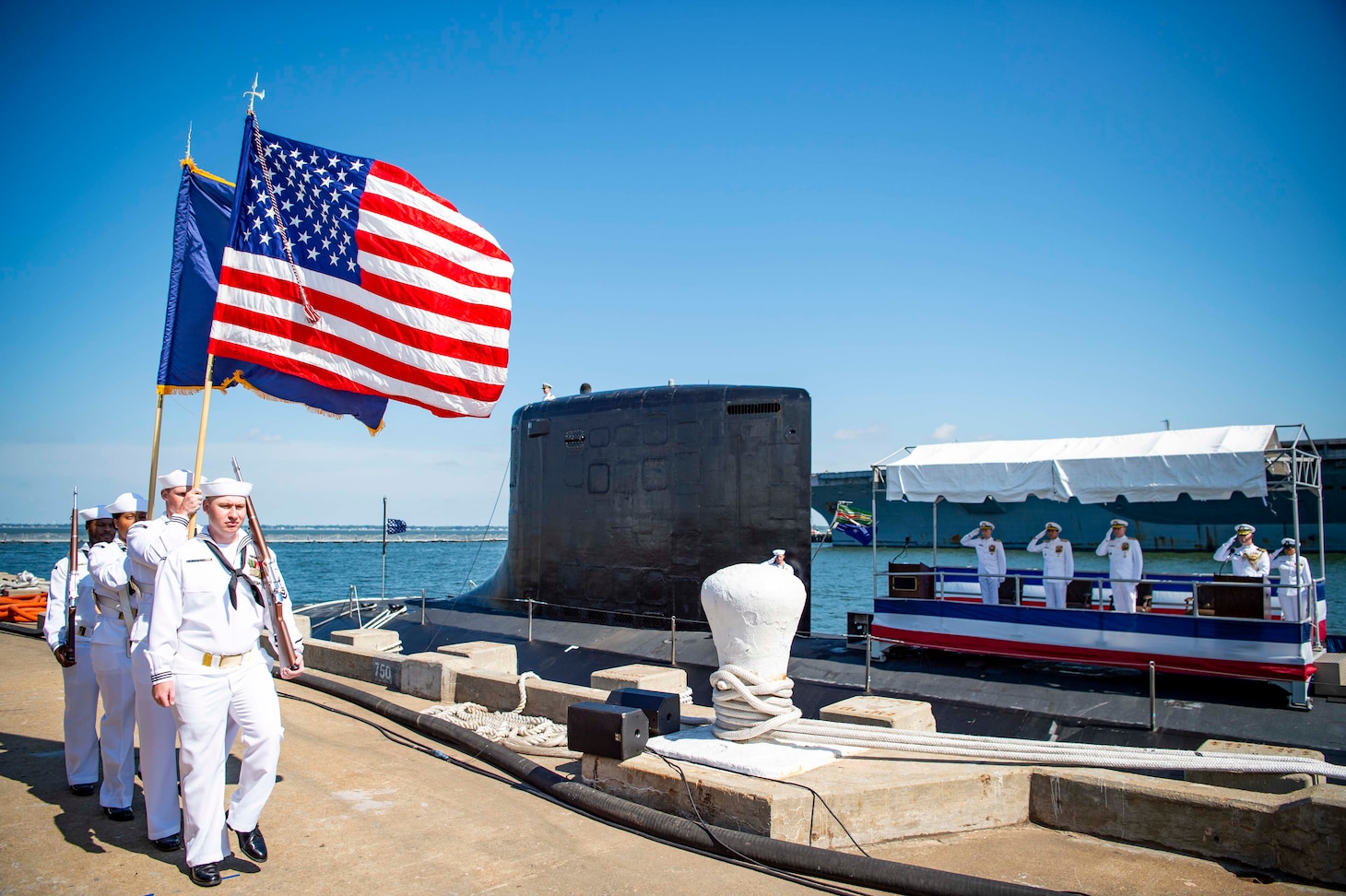 The color guard parades the colors during the retirement ceremony of Adm. David M. Kriete, deputy commander, U.S. Fleet Forces Command (USFFC), on board USS New Hampshire (SSN-78).