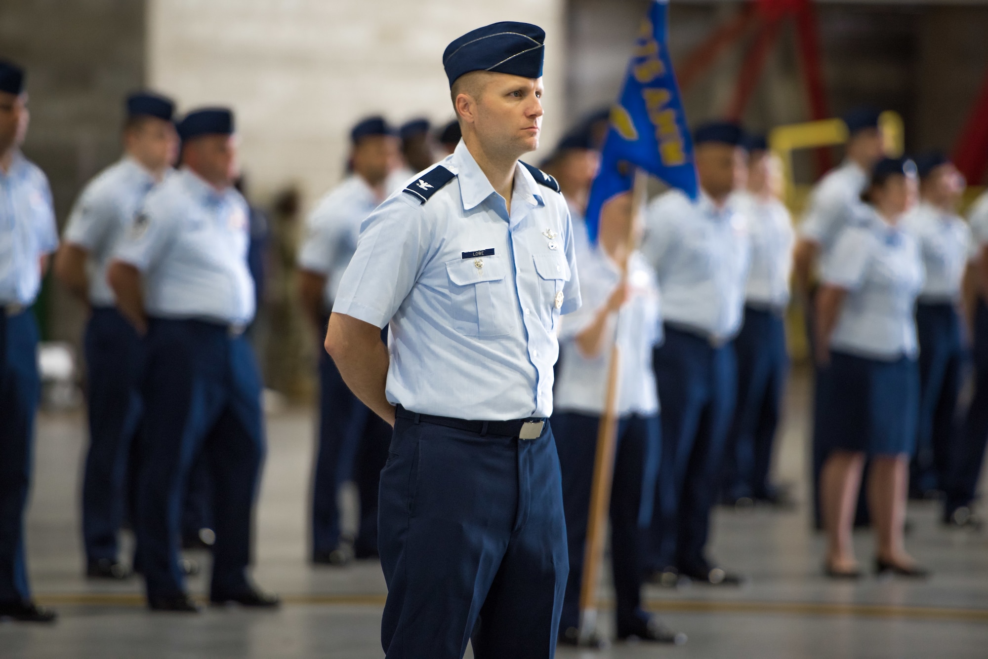 U.S. Air Force Col. Rob Lowe, 375th Air Mobility Wing vice commander, leads a formation at the 375th AMW change of command on Scott Air Force Base, Illinois, July 1, 2021. The change of command ceremony represents a time-honored military tradition providing an opportunity for Airmen to witness the transfer of power to their newly appointed commanding officer.(U.S. Air Force photo by Airman 1st Class Mark Sulaica)