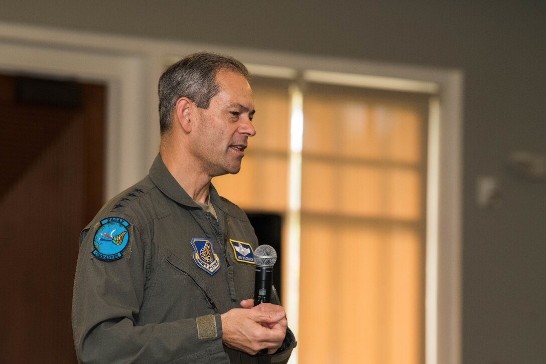 U.S. Air Force Gen. Ken Wilsbach, Pacific Air Forces (PACAF) commander, speaks to subordinate commanders and spouses during a PACAF Squadron Commander’s Course, Joint Base Pearl Harbor-Hickam, Hawaii, June 21, 2021. The course was attended by squadron commanders preparing to take command within PACAF and their spouses. Spouses were invited to attend in order to receive insight and mentorship for the challenges they may face alongside their partners.  (U.S. Air Force photo by Staff Sgt. Hailey Haux)