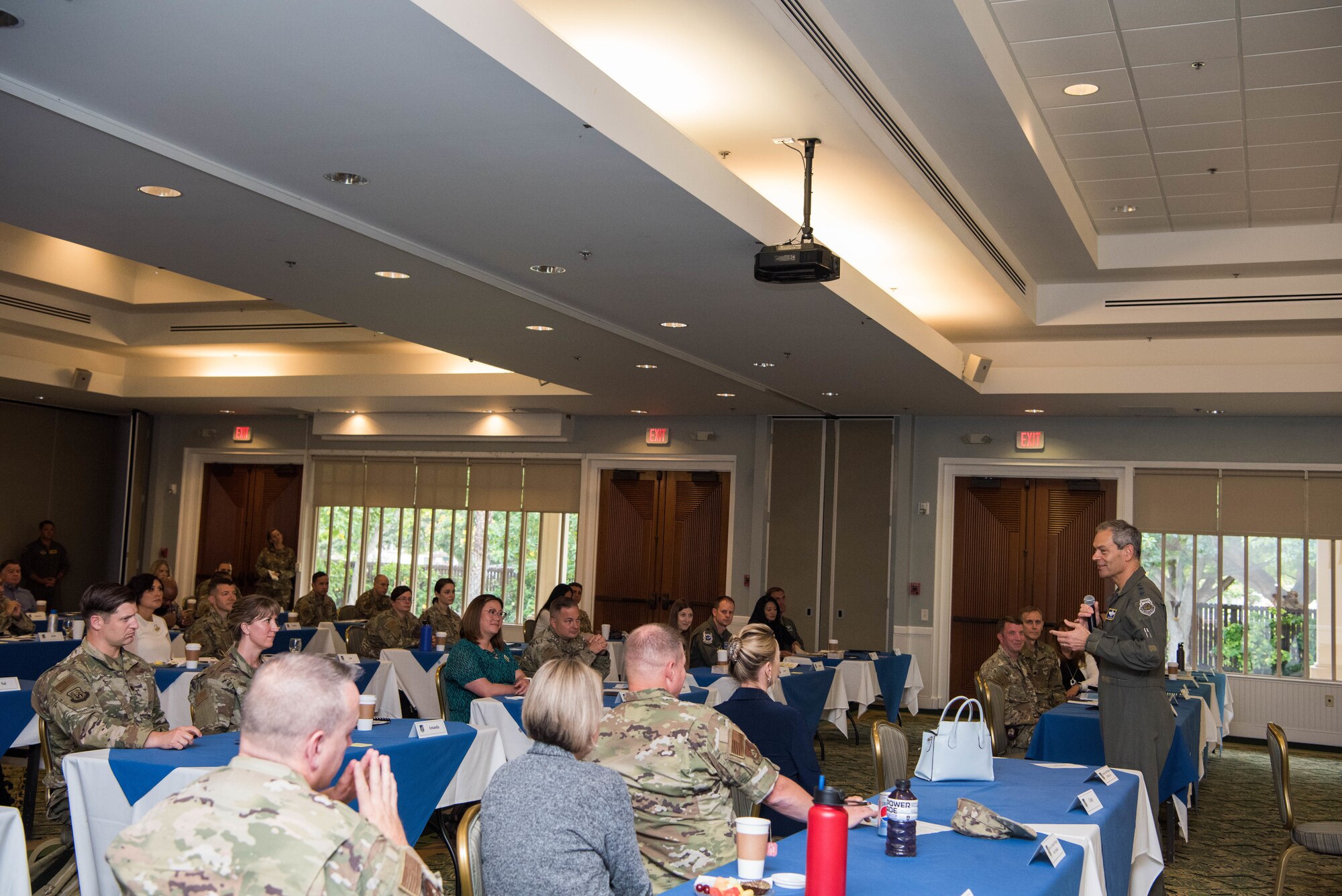 U.S. Air Force Gen. Ken Wilsbach, Pacific Air Forces (PACAF) commander, speaks to subordinate commanders and spouses during a PACAF Squadron Commander’s Course, Joint Base Pearl Harbor-Hickam, Hawaii, June 21, 2021. The course was attended by squadron commanders preparing to take command within PACAF and their spouses. Spouses were invited to attend in order to receive insight and mentorship for the challenges they may face alongside their partners.  (U.S. Air Force photo by Staff Sgt. Hailey Haux)