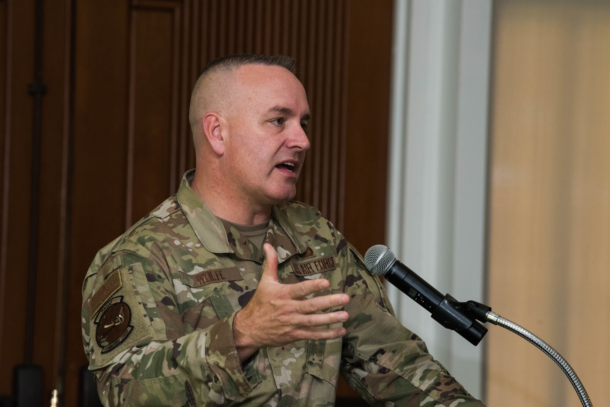 U.S. Air Force Chief Master Sgt. David Wolfe, Pacific Air Forces (PACAF) command chief, speaks with commanders during a PACAF Squadron Commander’s Course, Joint Base Pearl Harbor-Hickam, Hawaii, June 23, 2021. The course was attended by squadron commanders preparing to take command within PACAF and their spouses. Spouses were invited to attend in order to receive insight and mentorship for the challenges they may face alongside their partners.  (U.S. Air Force photo by Staff Sgt. Hailey Haux)