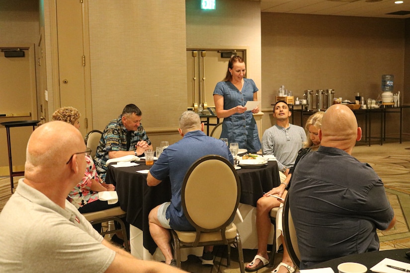 Soldier in civilian clothes at conference