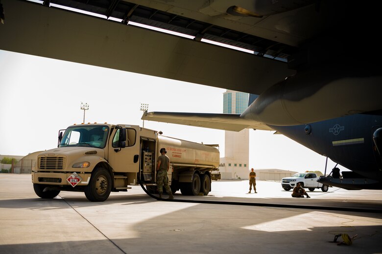 U.S. Air Force Senior Airman Robert Waldbillig, 380th Expeditionary Logistics Readiness Squadron fuels distributor,  fuels aircraft at Al Dhafra Air Base, United Arab Emirates, June 23, 2021.