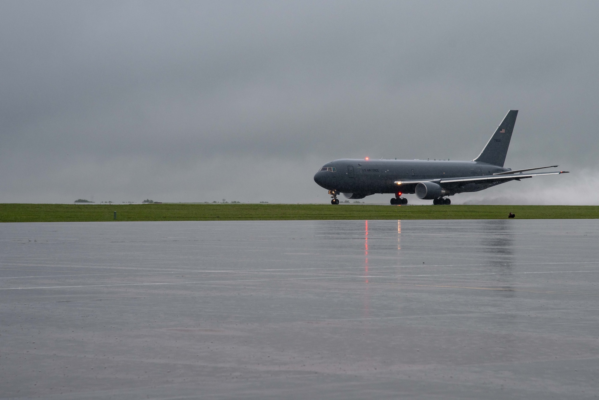 A U.S. Air Force KC-46A Pegasus takes off at McConnell Air Force Base, Kansas, June 30, 2021. Two high-bypass turbofans power the KC-46A to takeoff at gross weights up to 415,000 pounds. Depending on fuel storage configuration, the aircraft can carry a palletized load of up to 65,000 pounds of cargo. (U.S. Air Force photo by Airman 1st Class Zachary Willis)