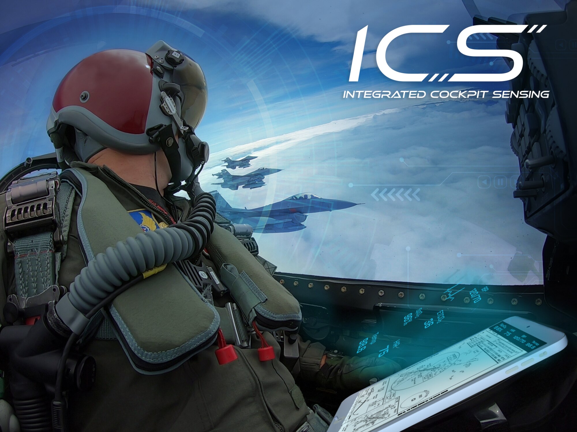 The Integrated Cockpit Sensing system will monitor the pilot’s physical state and ensure his or her ability to fly safely and accomplish the mission. (U.S. Air Force graphic/Stephanie Mee)