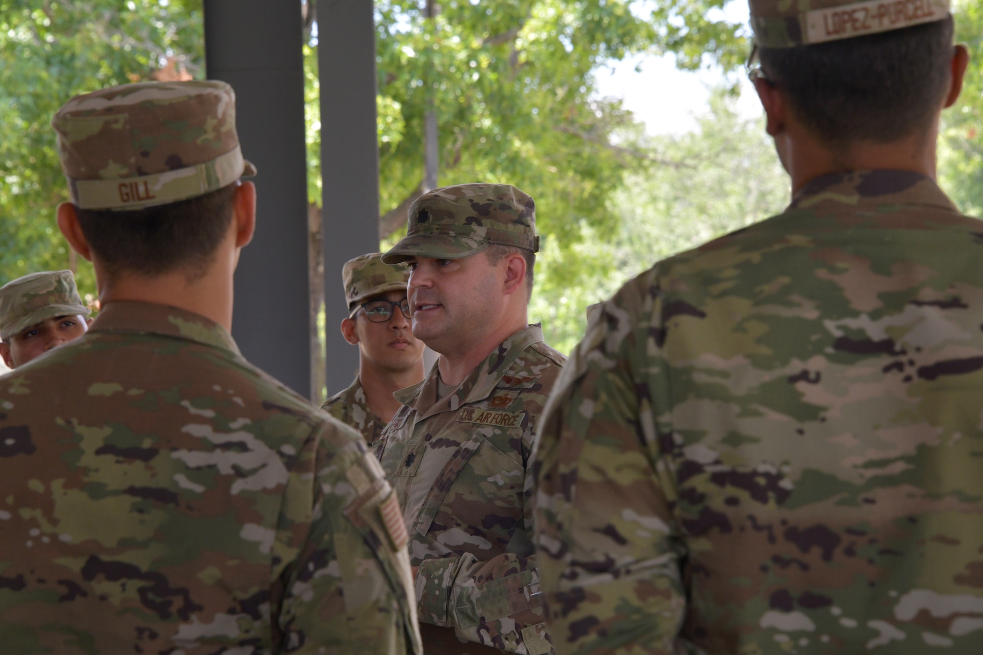 Lt. Col. Justin Settles, Deputy Director for the China Aerospace Studies Institute, gives a speech to cadets during the Puerto Rico Project Language program at Maxwell Air Force Base, Alabama, June 25, 2021.The four week program hosted a total 45 cadets, providing them with necessary skills to pass the Air Force Officer’s Qualification Test, such as, verbal skills and confidence needed to communicate during live training events. (U.S. Air Force photo by Senior Airman Rhonda Smith)