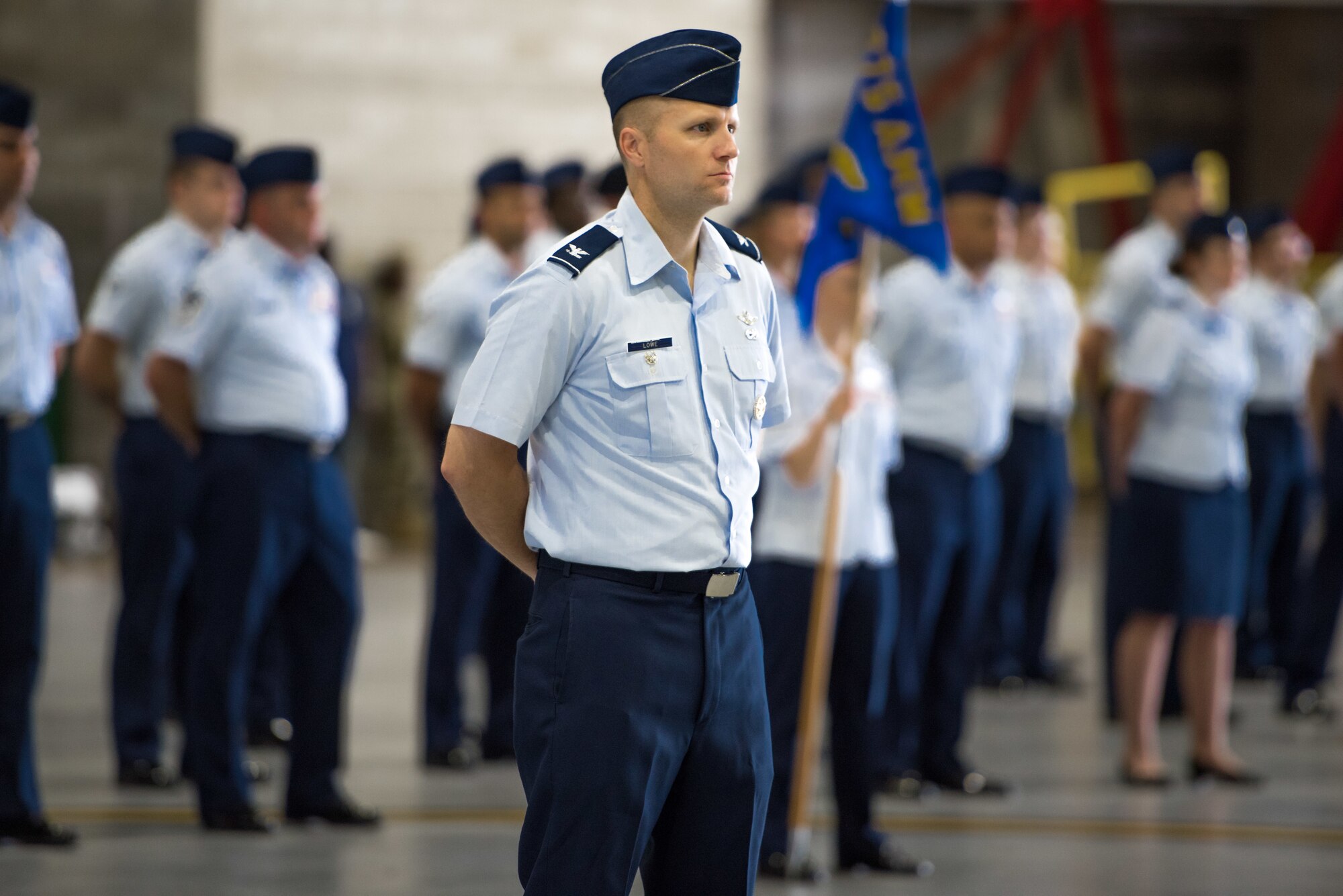 U.S. Air Force Col. Rob Lowe, 375th Air Mobility Wing vice commander, leads a formation at the 375th AMW change of command on Scott Air Force Base, Illinois, July 1, 2021. The change of command ceremony represents a time-honored military tradition providing an opportunity for Airmen to witness the transfer of power to their newly appointed commanding officer.(U.S. Air Force photo by Airman 1st Class Mark Sulaica)