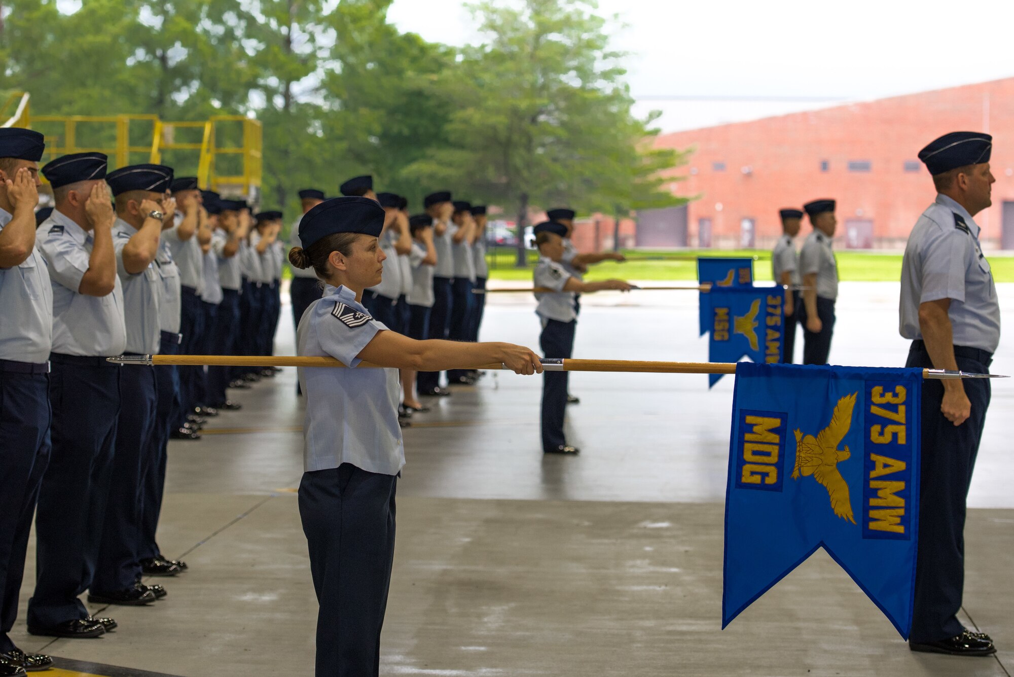 U.S. Air Force Chief Master Sgt. Danielle Barnes, 375th Medical Group superintendent, holds the 375th MDG guidon during the 375th Air Mobility Wing change of command ceremony on Scott Air Force Base, Illinois, July 1, 2021. The change of command ceremony represents a time-honored military tradition providing an opportunity for Airmen to witness the transfer of power to their newly appointed commanding officer. (U.S. Air Force photo by Airman 1st Class Mark Sulaica)