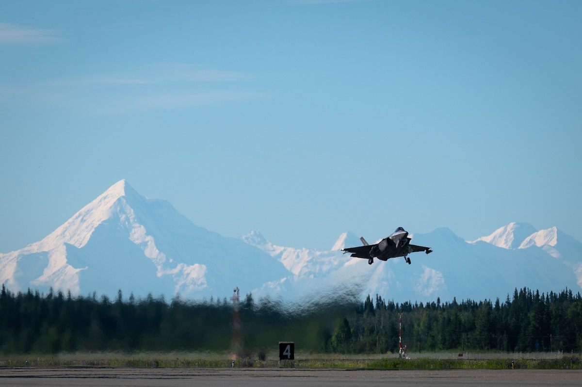 An F-35A Lightning II assigned to the 355th Fighter Squadron (FS) takes off from Eielson Air Force Base, Alaska, July 1, 2021.