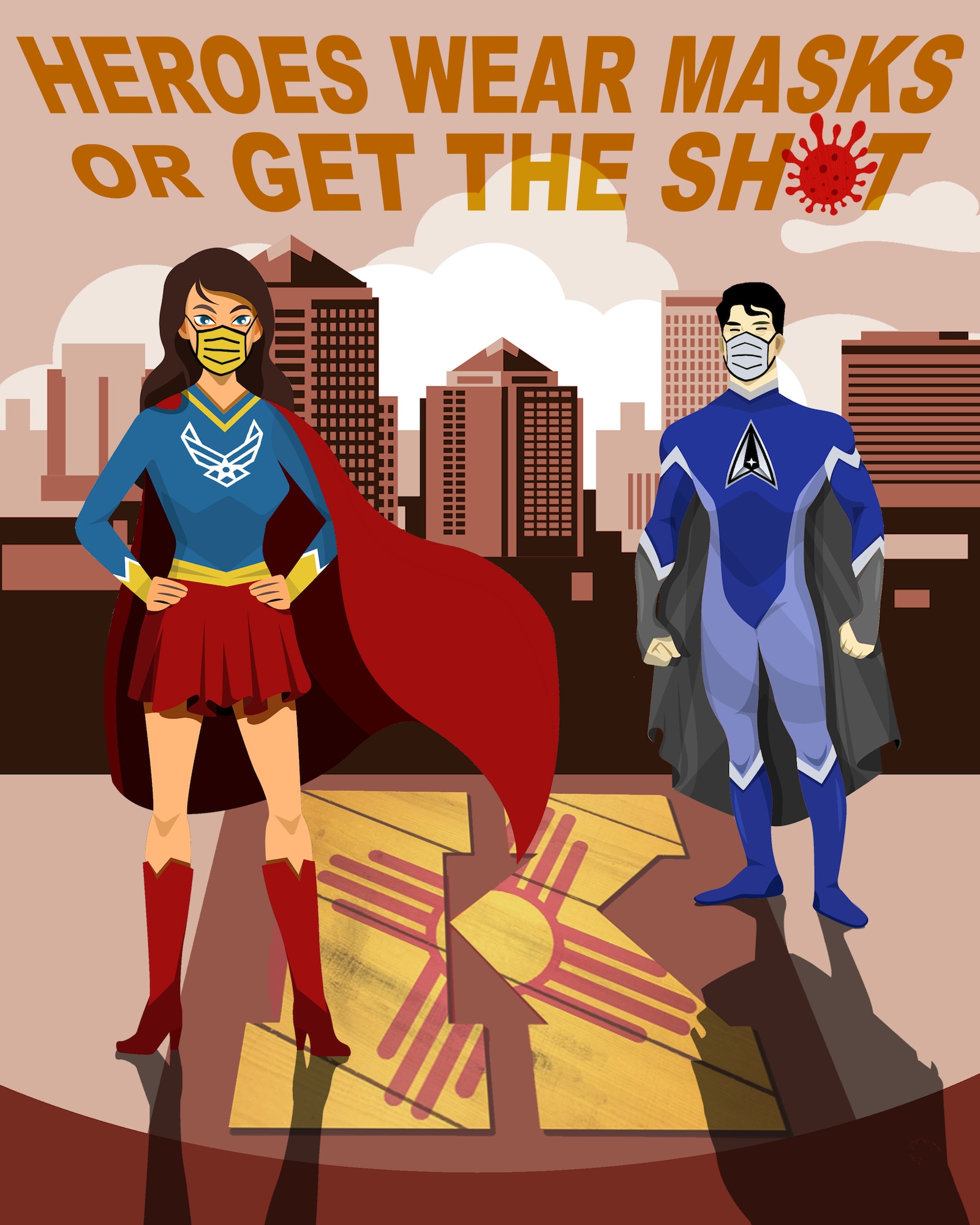 Graphic of two superheroes, one male and another female, both wearing face masks encouraging members of Team Kirtland to get vaccinated or wear masks.