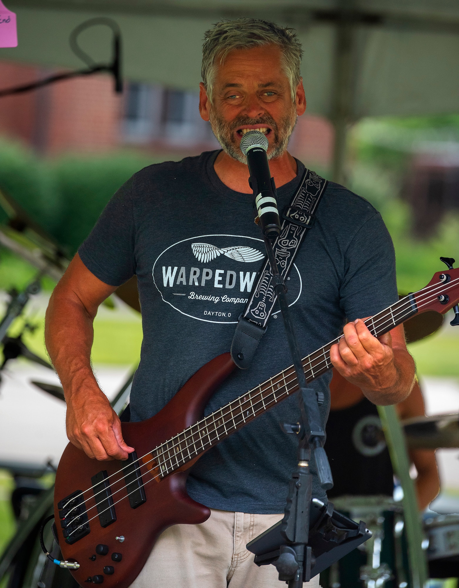 Dave Garwood, front man for the Velvet Crush, performs at the first Block Party Concert at Turtle Pond in the brick quarters historic district June, 24, 2021, at Wright-Patterson Air Force Base, Ohio. The 88th Force Support Squadron is scheduled to hold three block parties through the summer on the last Thursday of each month. (U.S. Air Force photo by R.J. Oriez)