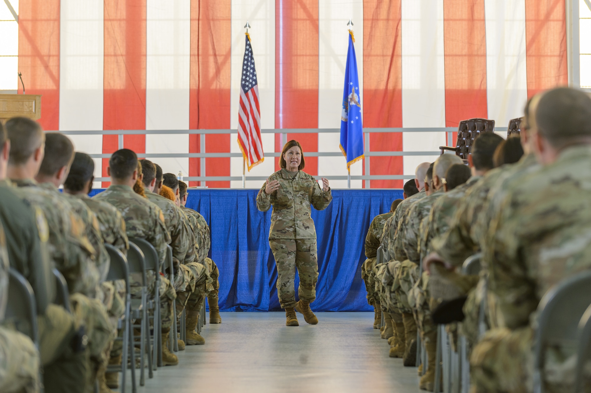 Chief Master Sgt. of the Air Force JoAnne S. Bass talks to almost 300 Airmen at a town hall during her visit to Edwards Air Force Base, California, June 29. (Air Force photo by Kyle Brasier)